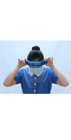 Remove Eye Protection (Face shield /goggle)  Face shield             a) Tilt your head forward slightly.;              b) Hold strap with both hands and lift the face shield forward from your face.;             c) Discard disposable face shield/goggle in lidded rubbish bin.