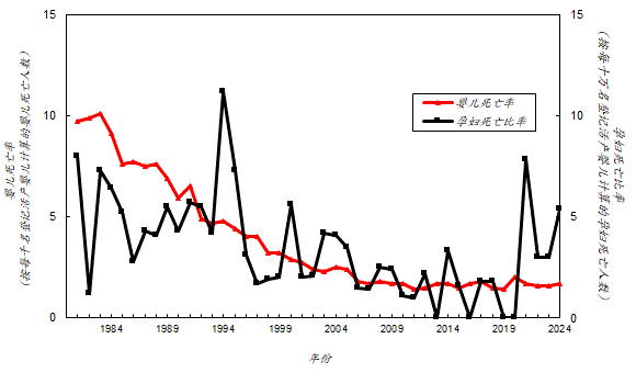 在香港，按每千名登记活产婴儿计算的婴儿死亡率由一九八一年的 9.7 人下降至二零二四年的 1.7 人。而在过去四十四年，按每十万名登记活产婴儿计算的孕妇死亡比率则在 0 及 11.2 之间波动。