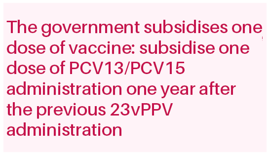 The government subsidises one dose of vaccine: subsidise one dose of PCV13/PCV15 administration one year after the previous 23vPPV administration