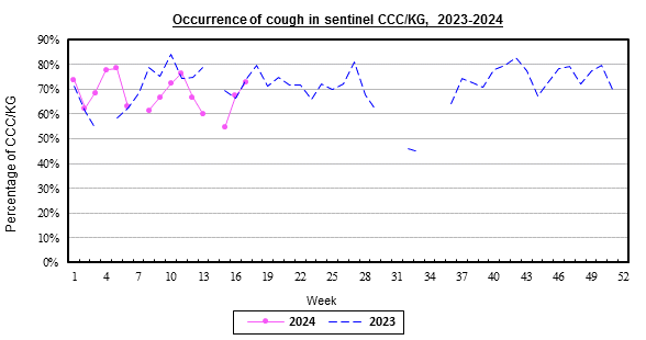 Weekly chart for occurrence of cough in sentinel CCC/KG, 2022-2023.  The activity of cough in week 22 was at high level.